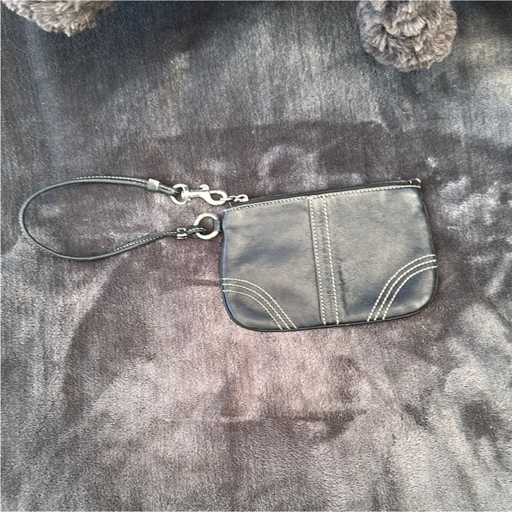 Elegant Black Leather Wristlet with tan stitching damaged
